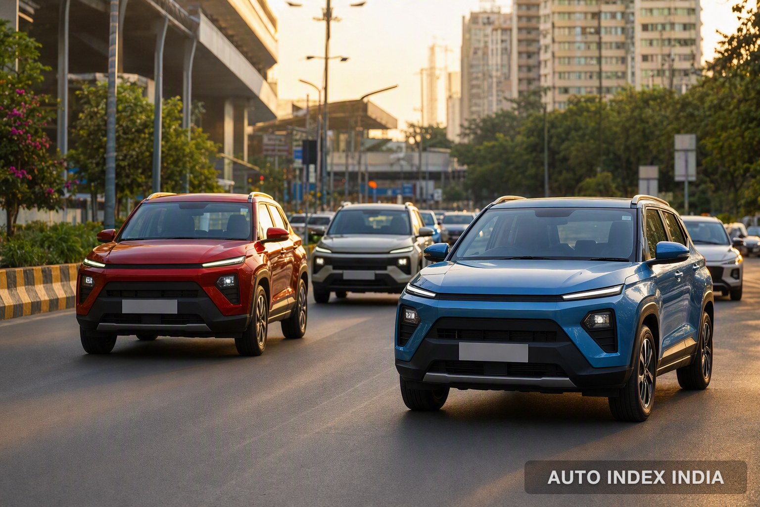 Illustration: compact SUVs in traffic on an Indian city road